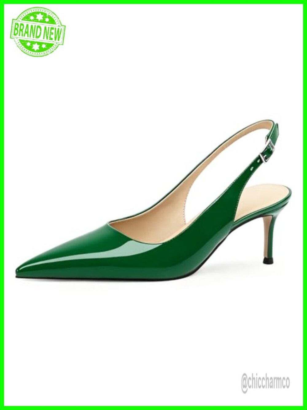 Pointed Toe Slingback Low Heel Pumps Pull-On Faux Leather Stiletto Heeled Shoe